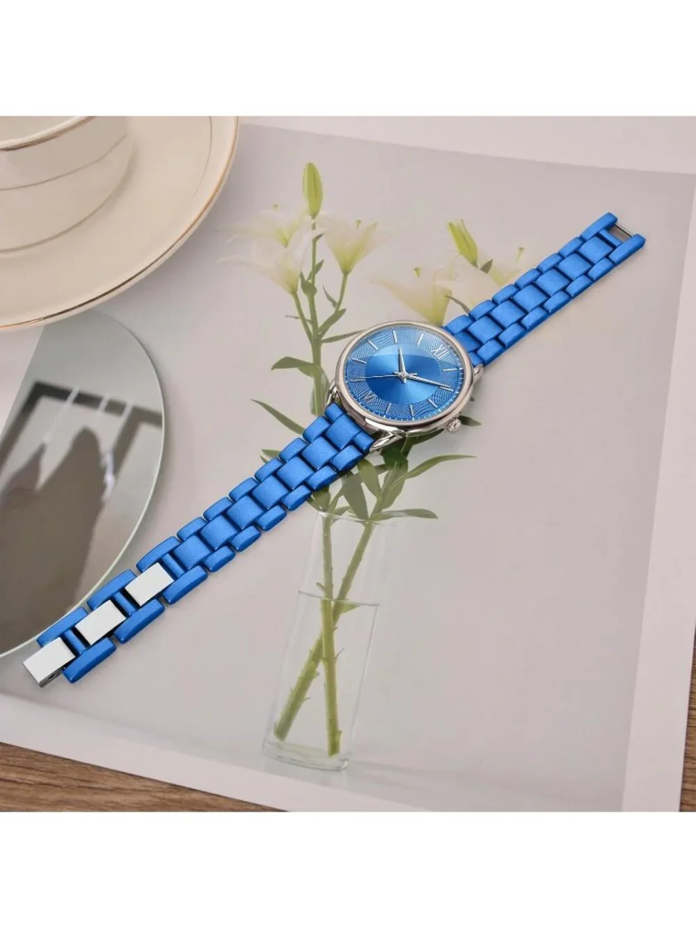 Women's Blue Silver Roman Numeral Dial Analog Alloy Steel Strap  Wrist Watch